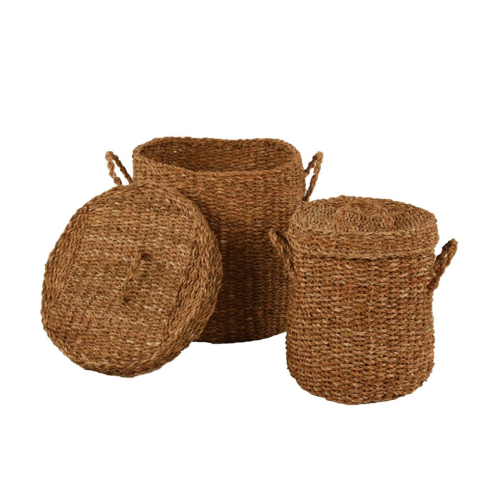 Set 2 coșuri cu capac LIRENA din iarbă de mare, 44x44x45 cm și 35x35x38 cm