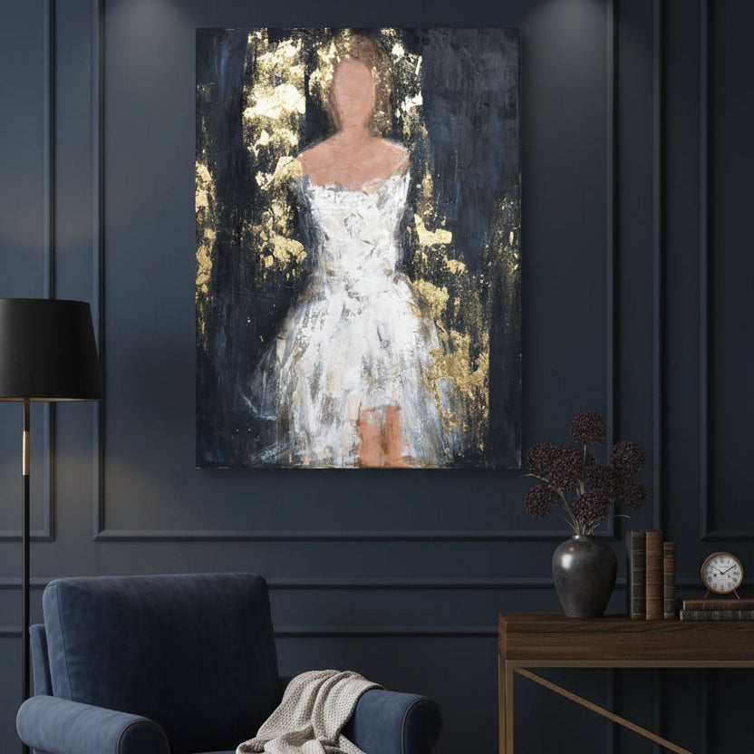 Tablou BALIMA WOMEN din pânză și lemn, 90 x 120 cm, nuanțe aurii și negre