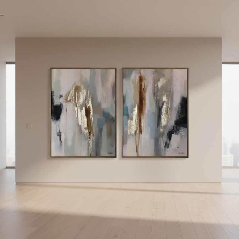 Set 2 tablouri JOREAL pe pânză, cu foițe aurii, lemn de pin, 60 x 80 cm