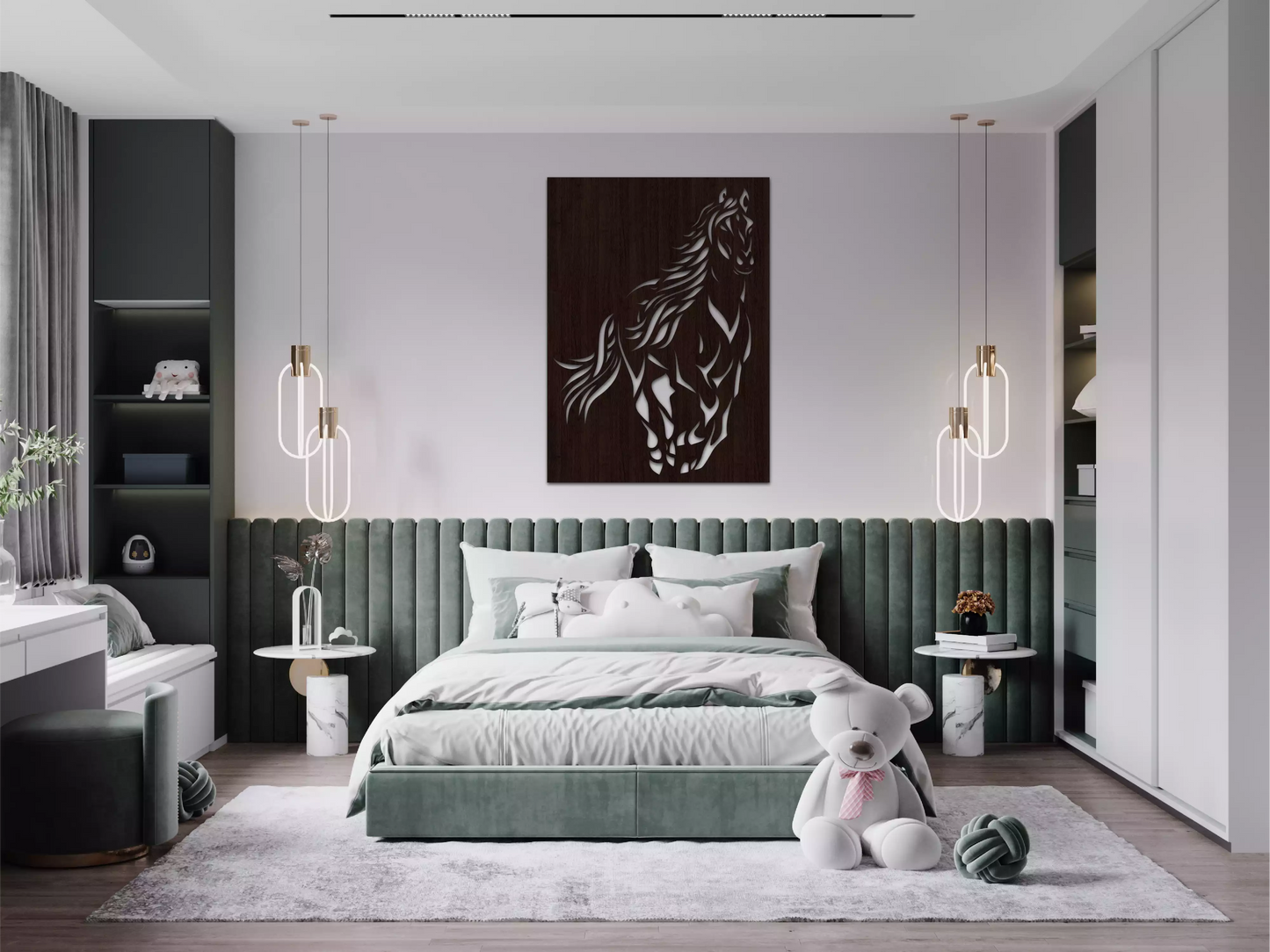 "Spiritul Liber al Calului" impresionează prin eleganță și dinamism, surprinzând perfect spiritul liber al calului. Cu un design artistic ce combină linii fluide și contraste puternice, simbolizează puterea, noblețea și mișcarea.