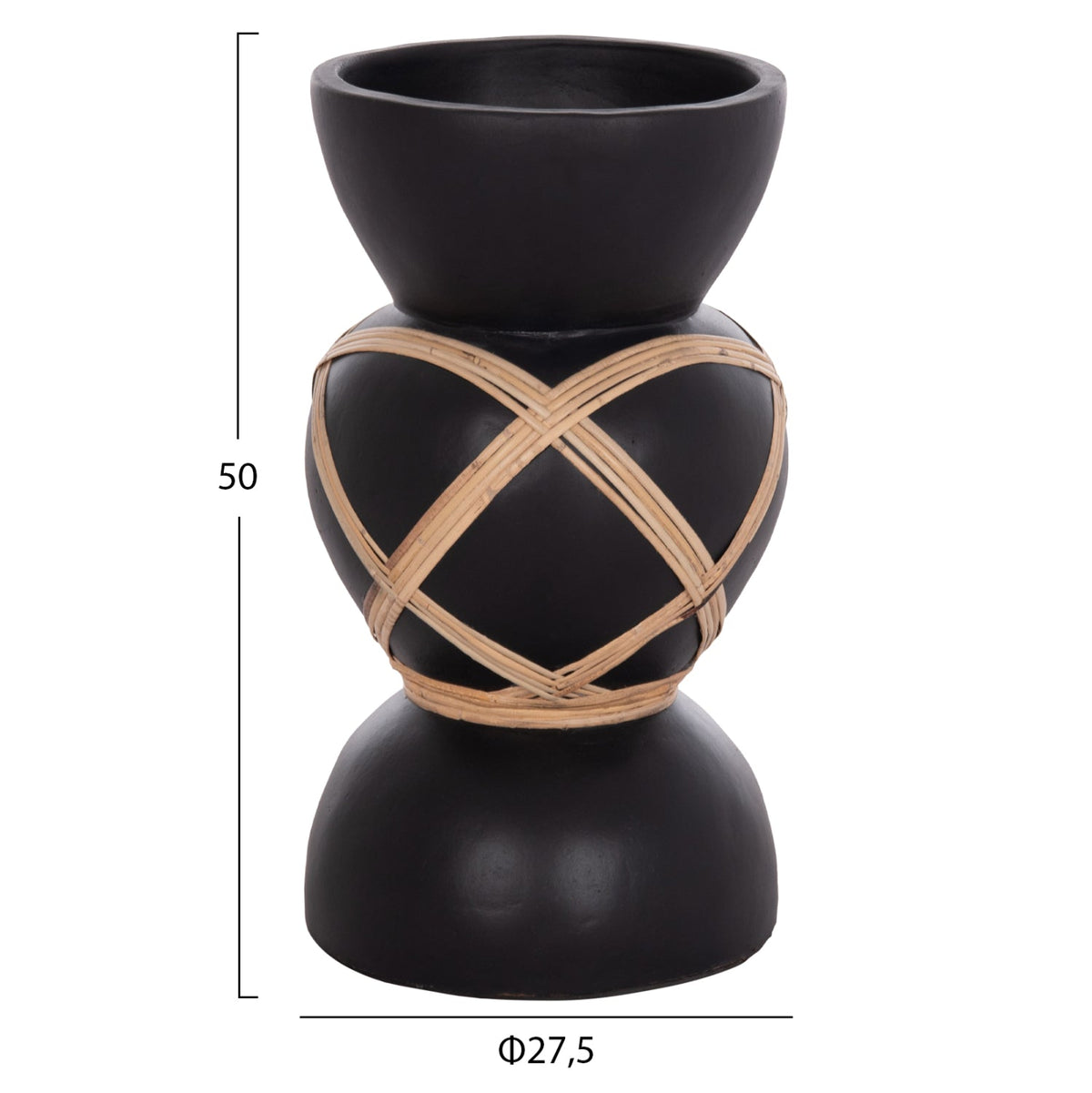 Vază de podea ZARELO neagră din fibrociment cu ratan, 27,5 x 27,5 x 50 cm