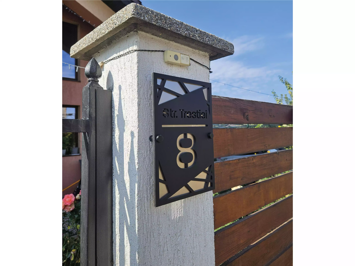 plăcuță număr casă personalizată acrilic negru și perlă, număr casă personalizat elegant rezistent exterior, plăcuță număr poartă acrilic premium