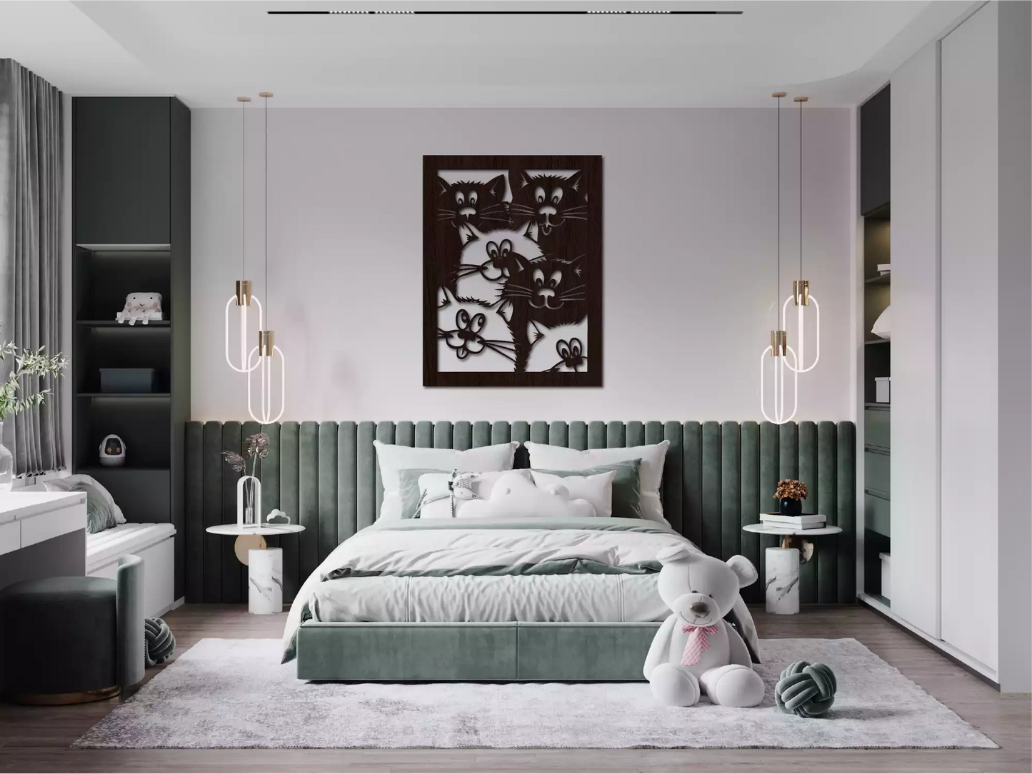Decorațiune de perete din placă de fibre de lemn (HDF) debitată cu precizie laser, cu model de pisici aristocrate.