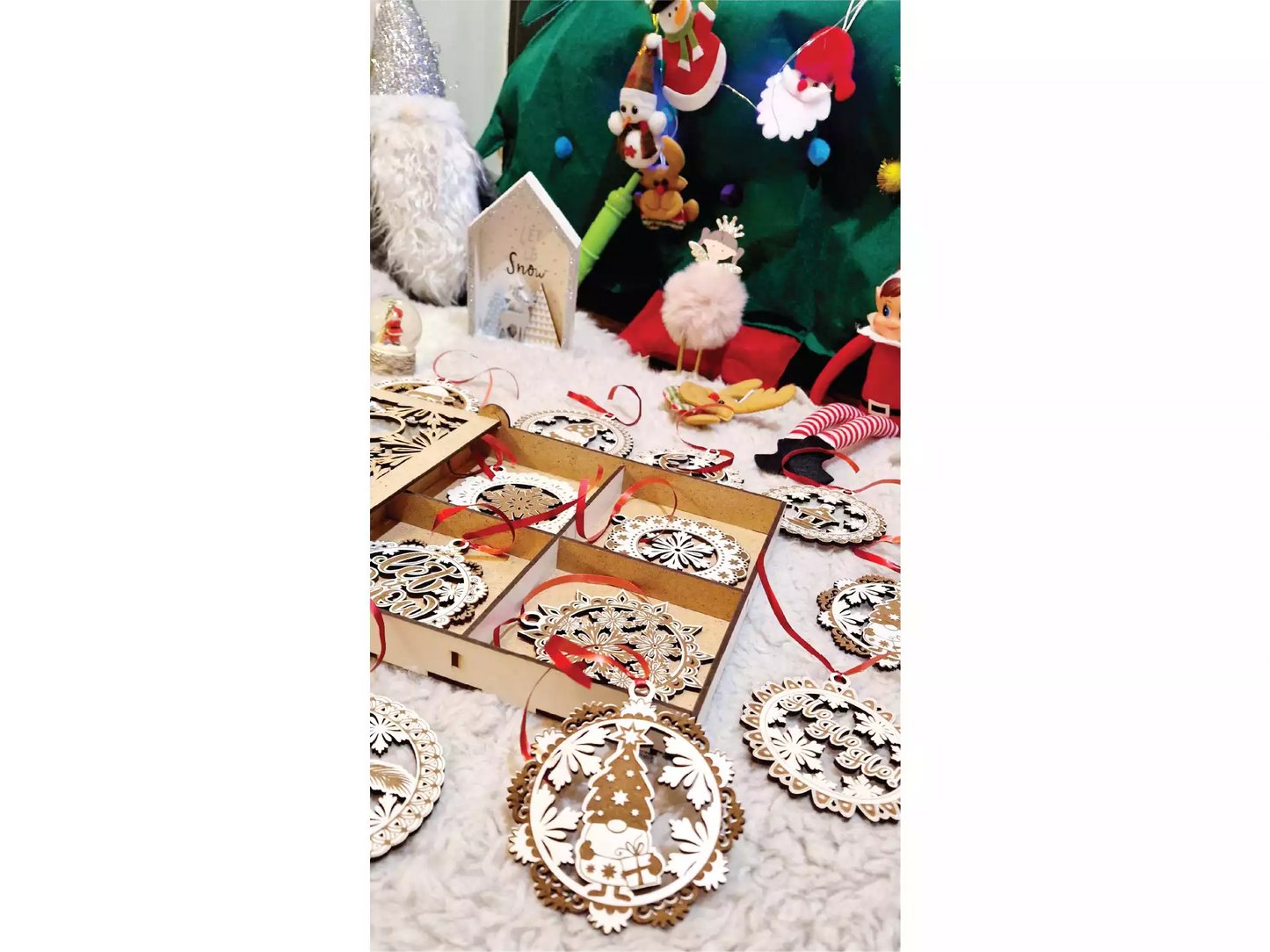 globuri Crăciun din lemn set 12, ornamente lemn pentru brad Crăciun, cutie globuri Crăciun personalizate lemn
