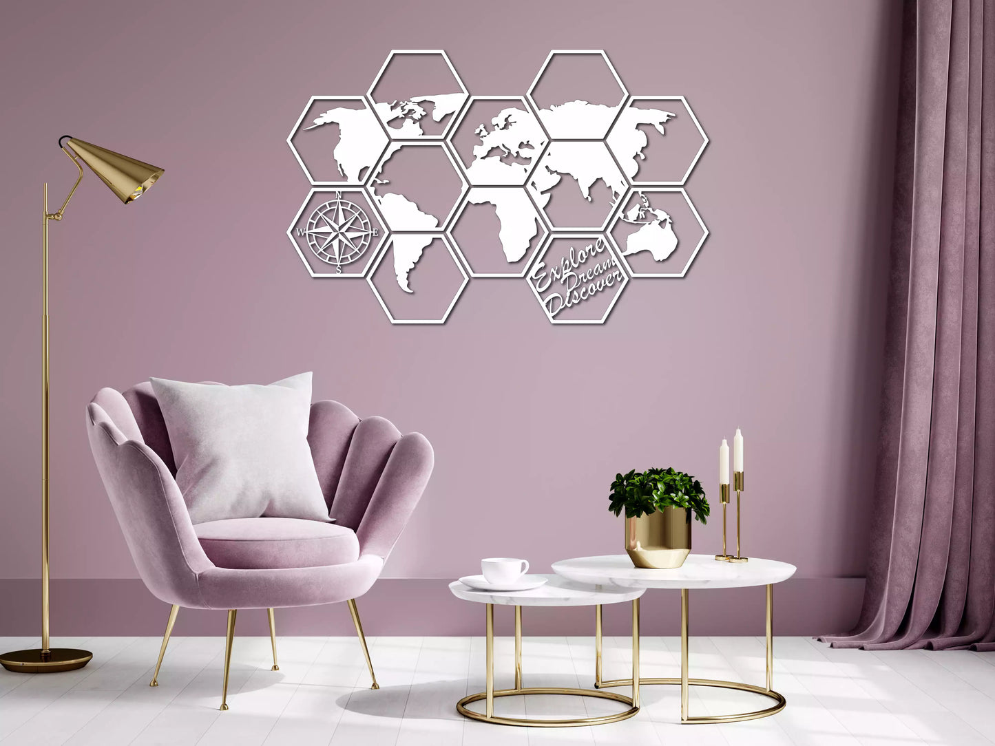 shopify_alb.webp Harta Lumii Hexagonală - Decorațiune Perete Fibre Lemn