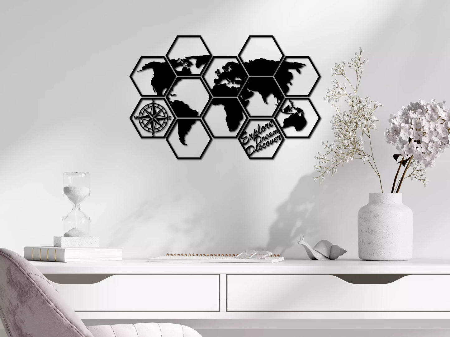 shopify_negru.webp Harta Lumii Hexagonală - Decorațiune Perete Fibre Lemn