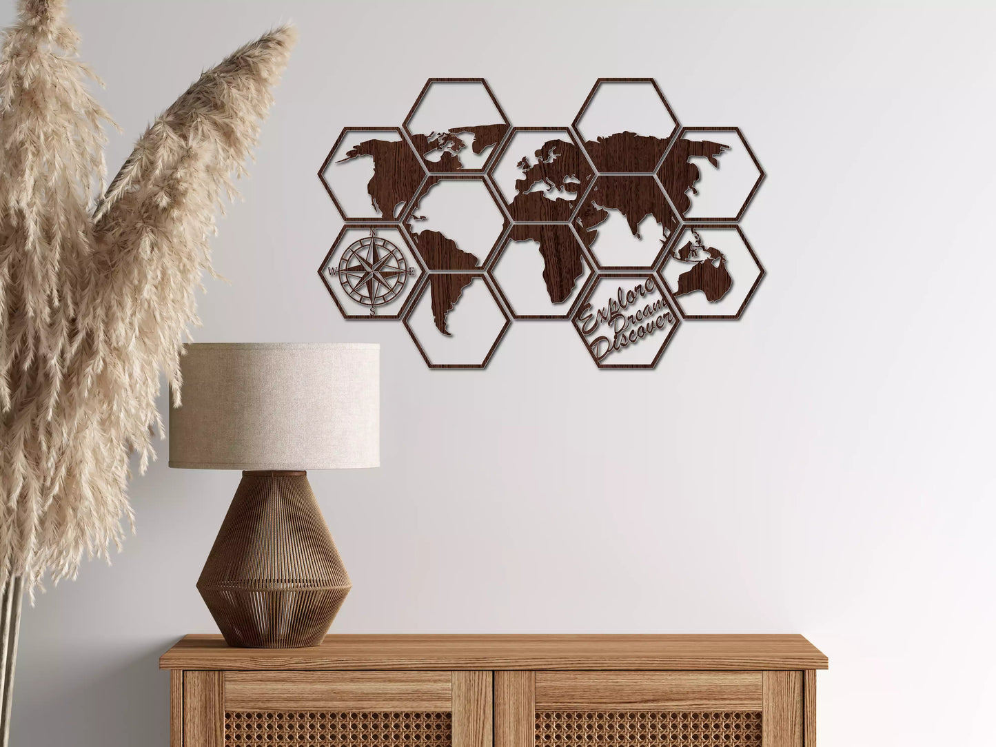 shopify_wenge.webp Harta Lumii Hexagonală - Decorațiune Perete Fibre Lemn