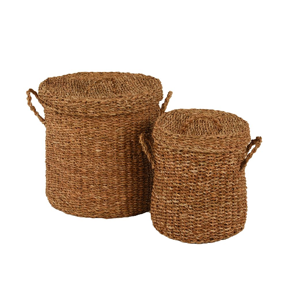 Set 2 coșuri cu capac LIRENA din iarbă de mare, 44x44x45 cm și 35x35x38 cm