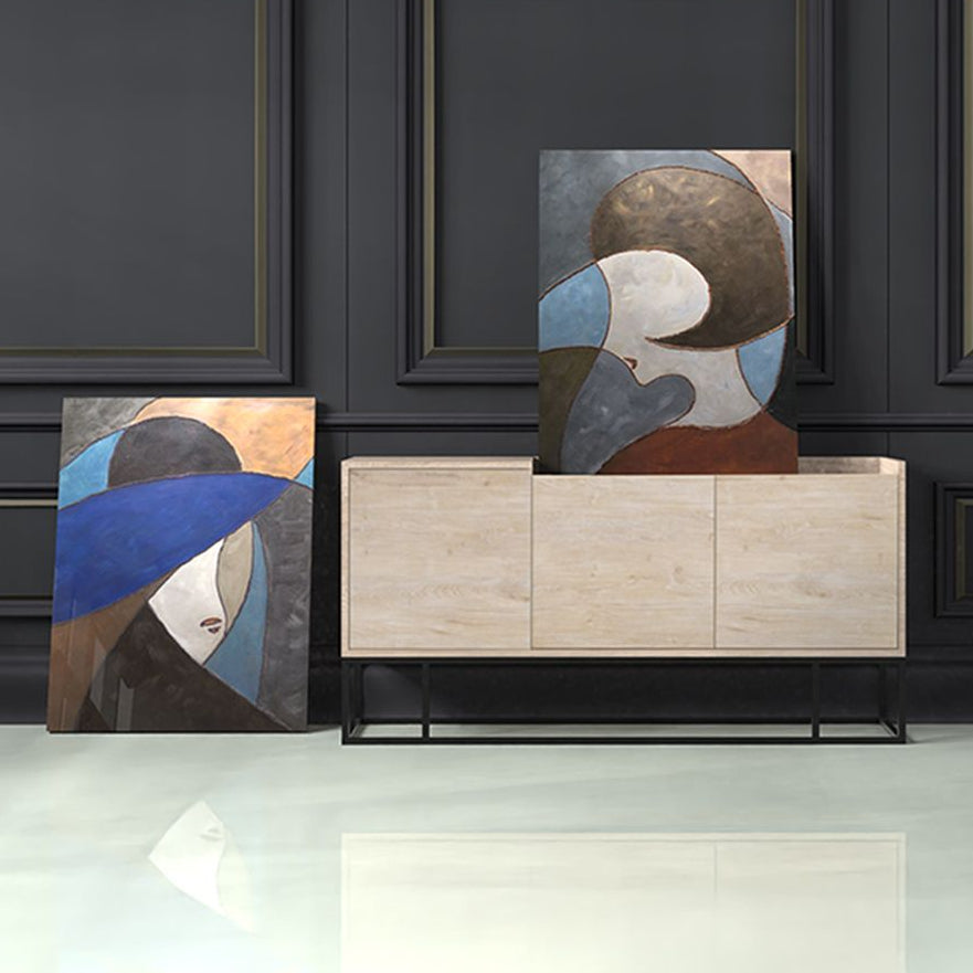 Tablou abstract LATENT pe pânză și lemn, în tonuri de bej și gri, 76 x 100 cm