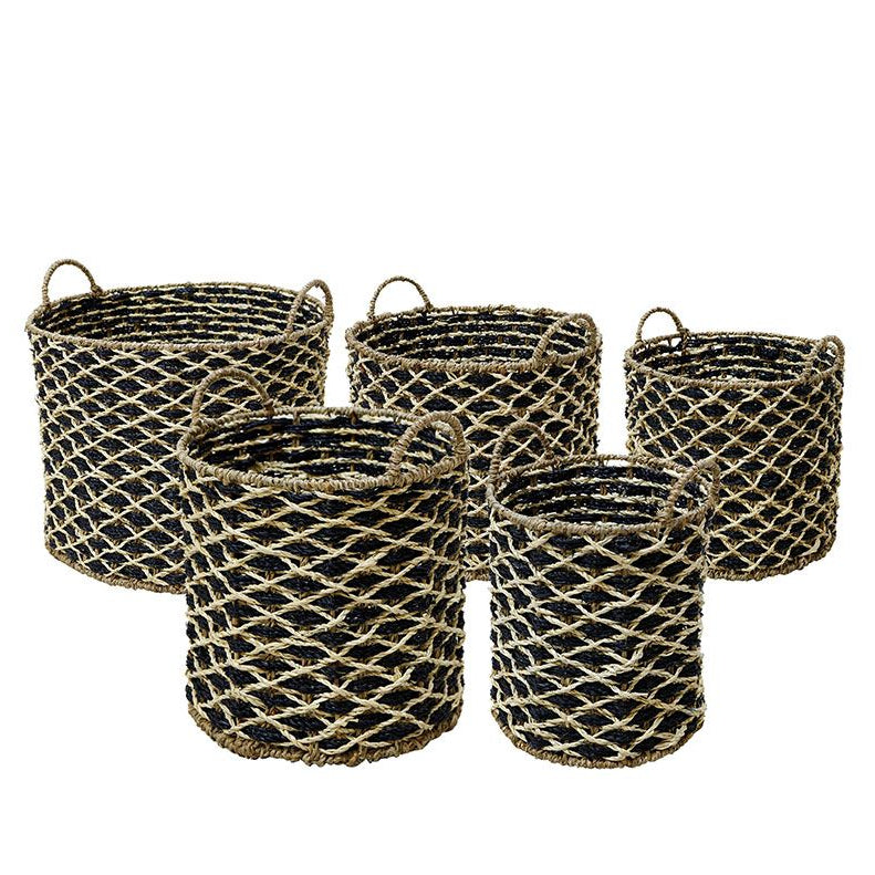 Set 5 coșuri decorative MORONA din iarbă de mare cu ramă de fier, 43 x 43 x 39 cm cel mai mare