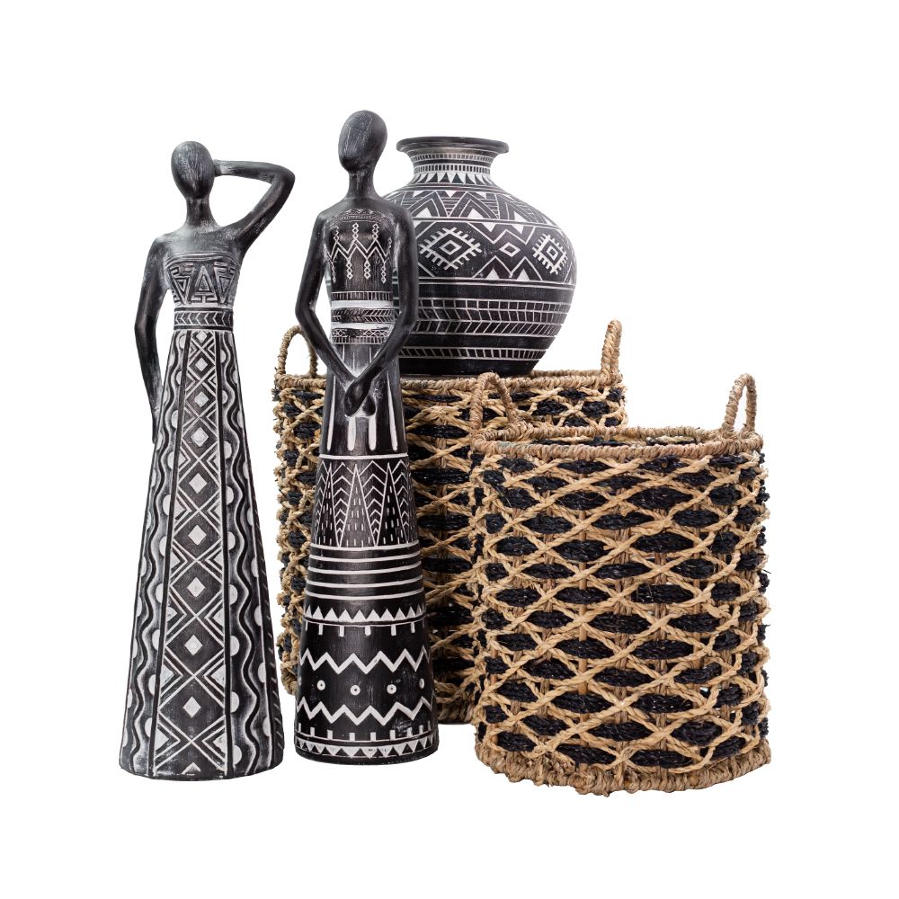 Set 5 coșuri decorative MORONA din iarbă de mare cu ramă de fier, 43 x 43 x 39 cm cel mai mare
