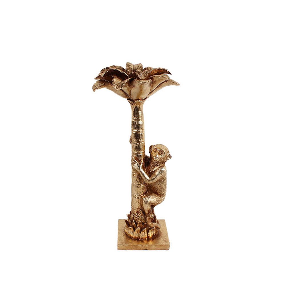 Suport lumânare JAVOL din polirășină aurie, cu maimuță pe palmier, 14x14x32 cm