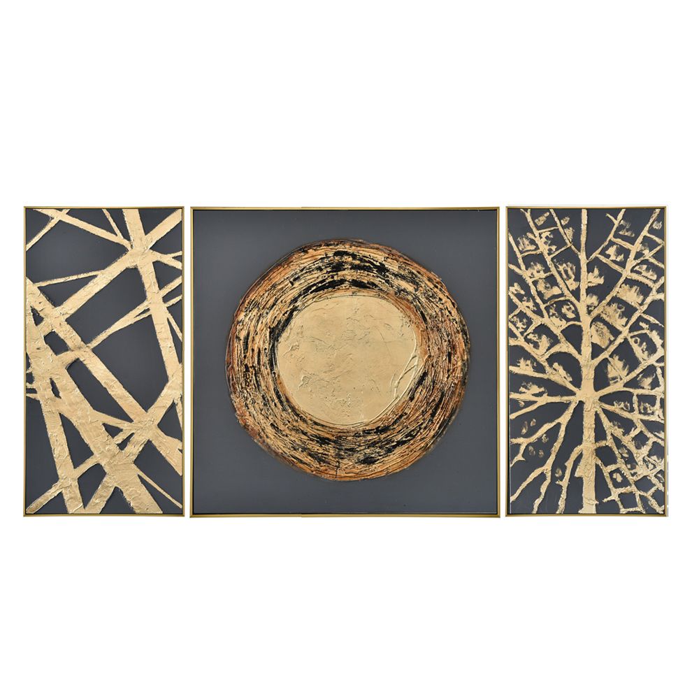 Set de trei tablouri HAMONA din pânză și lemn, fundal negru cu detalii aurii, 168 x 88 cm