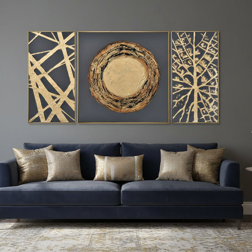 Set de trei tablouri HAMONA din pânză și lemn, fundal negru cu detalii aurii, 168 x 88 cm