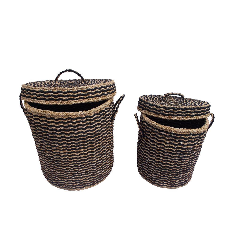 Set 2 coșuri cu capac RAMAN din iarbă de mare, 44x44x45 cm și 35x35x38 cm