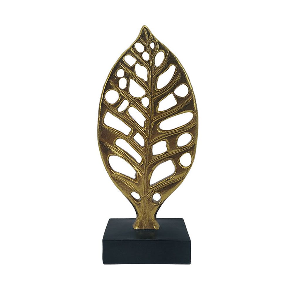 Decorațiune OMELA LEAF A din polirășină, finisaj auriu, bază neagră, 11 x 5 x 23 cm