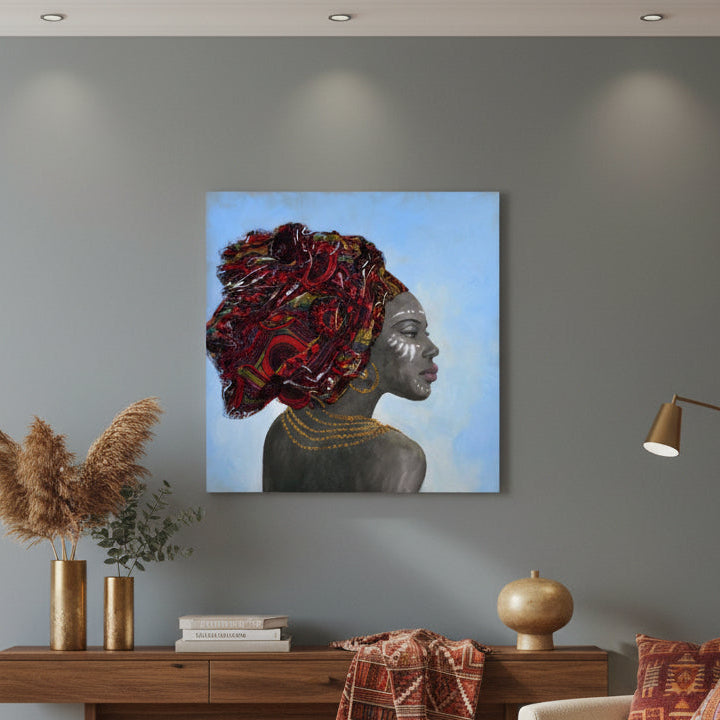 Tablou NAFONA din pânză și lemn, 100 x 100 cm, figură feminină în roșu și auriu