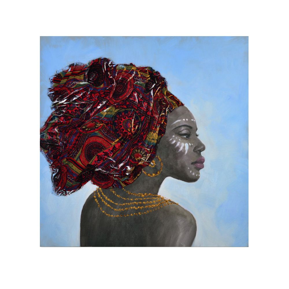 Tablou NAFONA din pânză și lemn, 100 x 100 cm, figură feminină în roșu și auriu