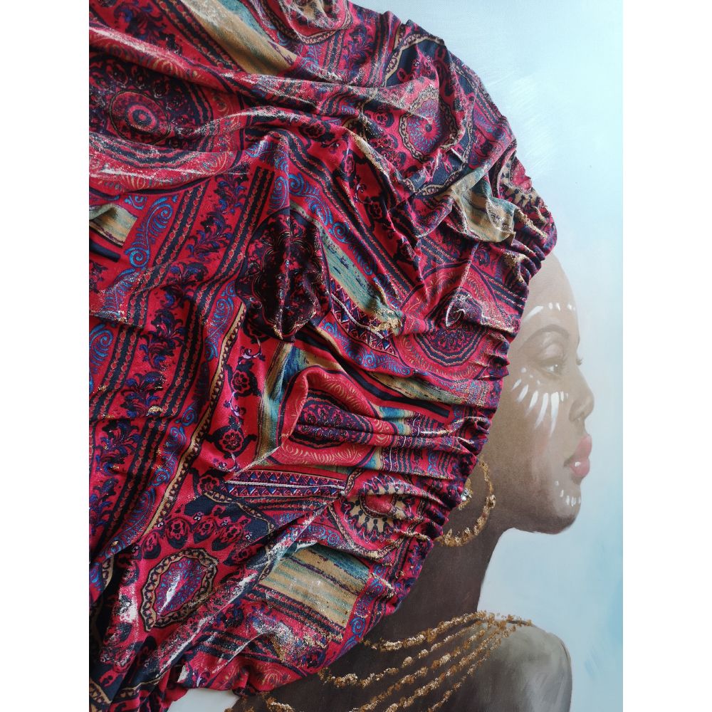 Tablou NAFONA din pânză și lemn, 100 x 100 cm, figură feminină în roșu și auriu