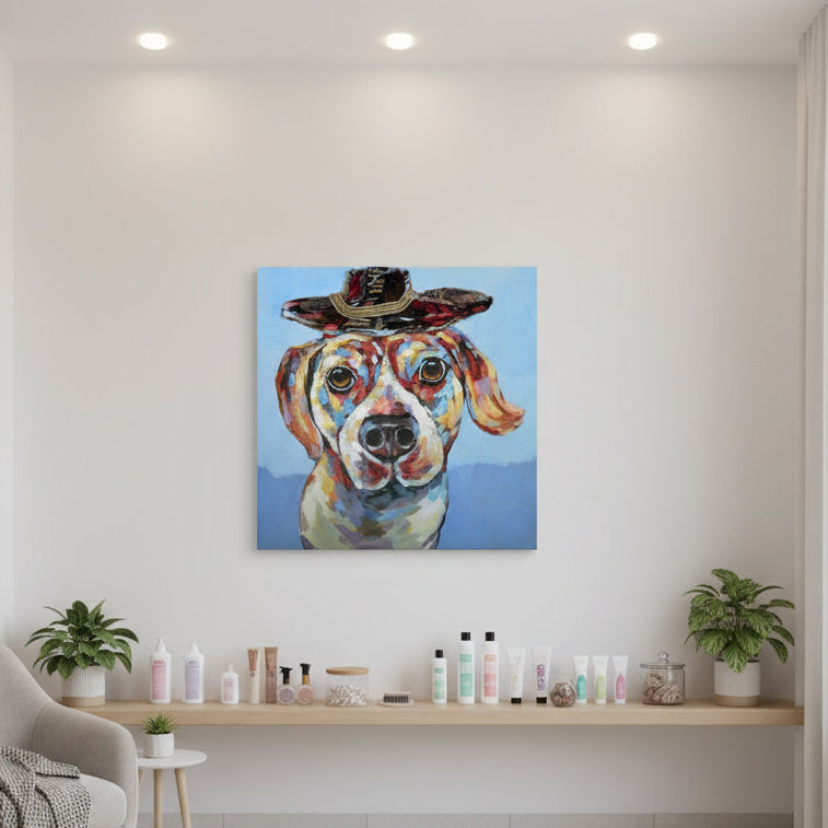 Tablou AXEL DOG B cu portret de câine, pânză și lemn, 100 x 100 cm