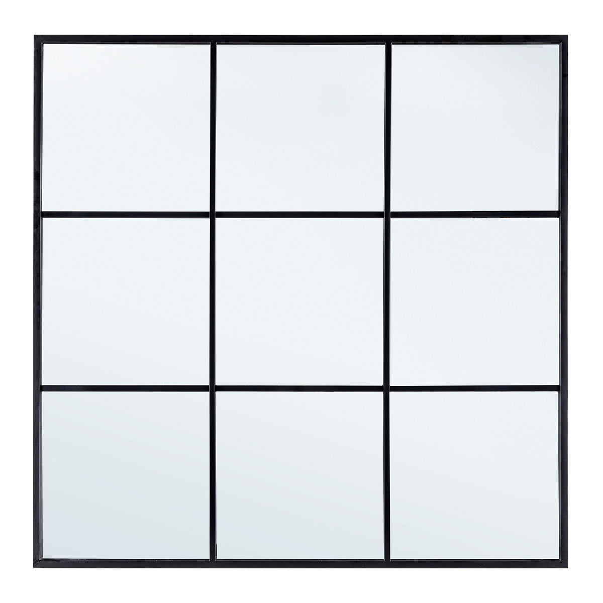 Oglindă de perete NUCLEOS neagră, ramă metalică cu bare decorative, spate MDF, 90 x 90 cm