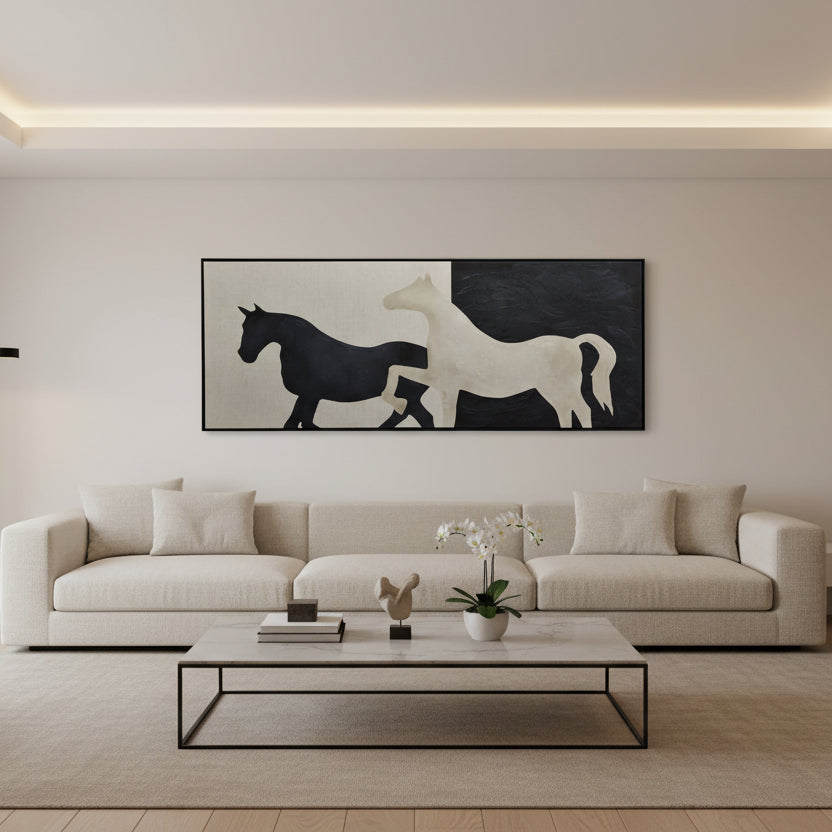 Tablou CABALO pe pânză, 180 x 70 cm, cu un cal alb și umbra lui neagră