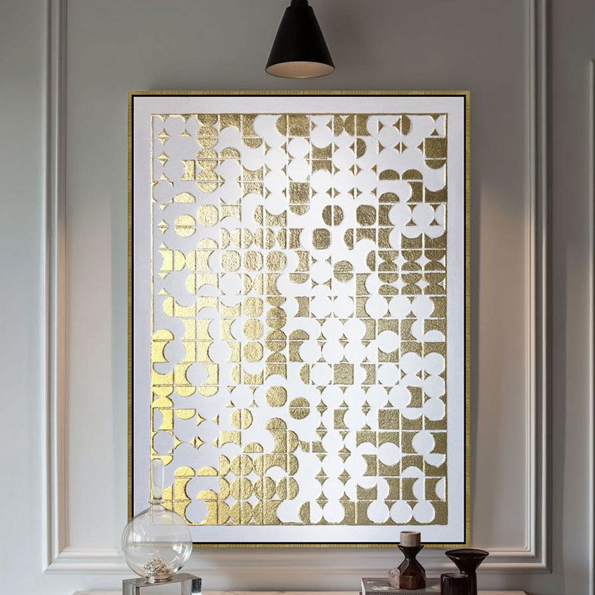Tablou ROSTO pe pânză cu ramă, detalii aurii în relief pe fond alb, 90 x 120 cm