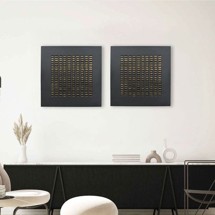 Tablou decorativ LOVIN din metal și MDF, negru cu detalii aurii, 80 x 80 cm
