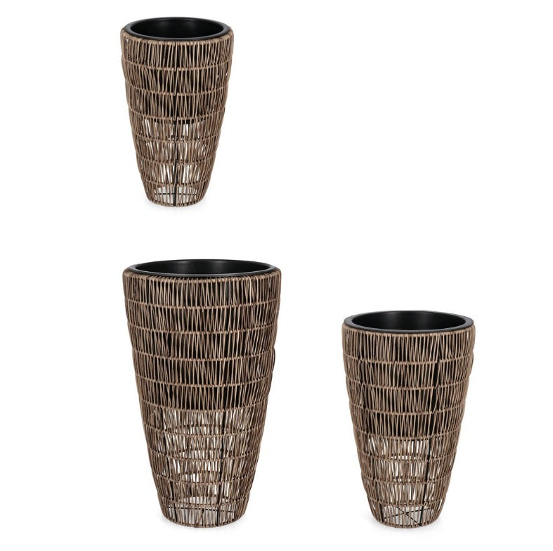 Set 3 suporturi pentru ghivece AYUN din poliratan, înălțime 42, 48 și 60 cm