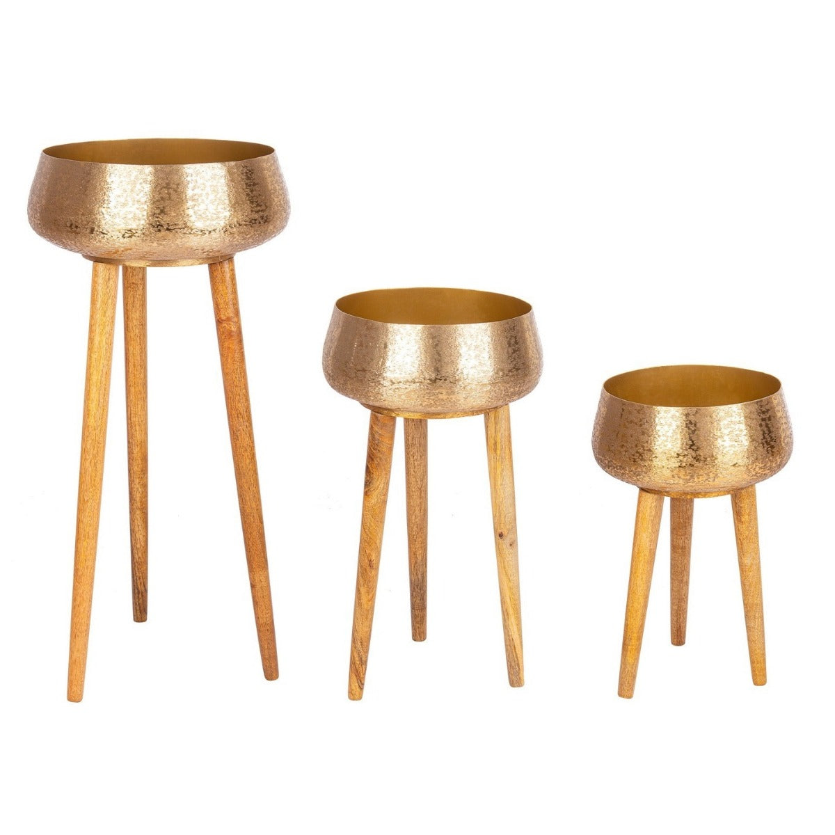 Set suporturi ghivece VARANASI GOLD din aluminiu, picioare lemn de mango, 31-37,5 cm