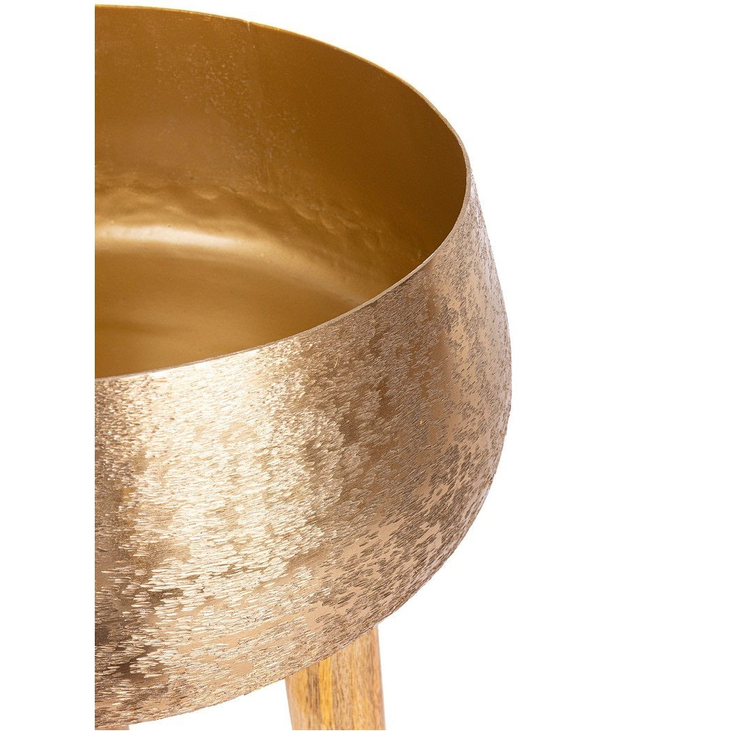 Set suporturi ghivece VARANASI GOLD din aluminiu, picioare lemn de mango, 31-37,5 cm