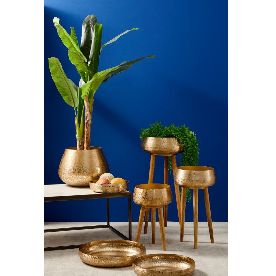 Set suporturi ghivece VARANASI GOLD din aluminiu, picioare lemn de mango, 31-37,5 cm