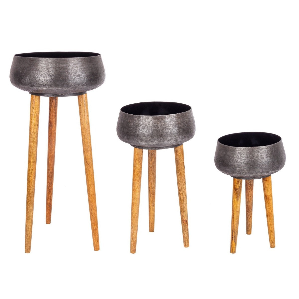 Set suporturi ghivece VARANASI din aluminiu auriu, picioare lemn de mango, înălțimi 45,5-84,5 cm