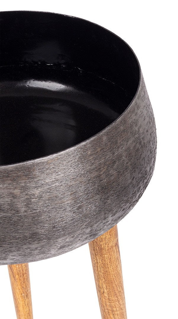 Set suporturi ghivece VARANASI din aluminiu auriu, picioare lemn de mango, înălțimi 45,5-84,5 cm