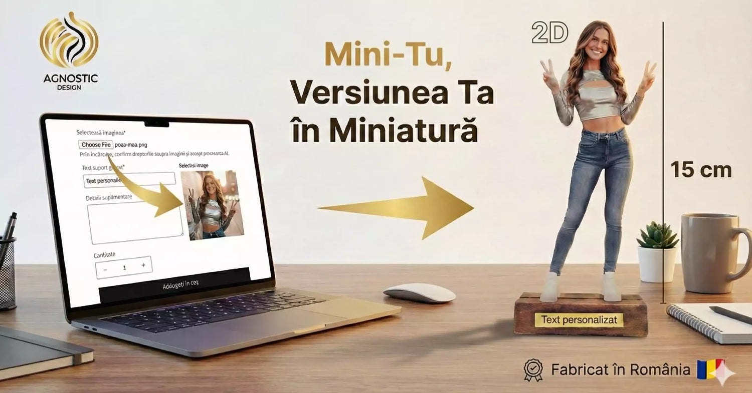 Transformă orice fotografie într-un Mini-Tu personalizat de 15 cm. Realizat 2D cu efect 3D, ideal pentru cadouri unice și memorabile.