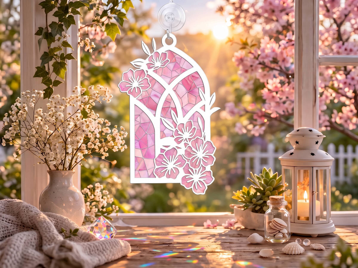 Sun catcher din acril tip vitraliu cu flori de cireș, atârnat la o fereastră însorită cu flori de primăvară și o lanternă decorativă, realizat de Agnostic Design.