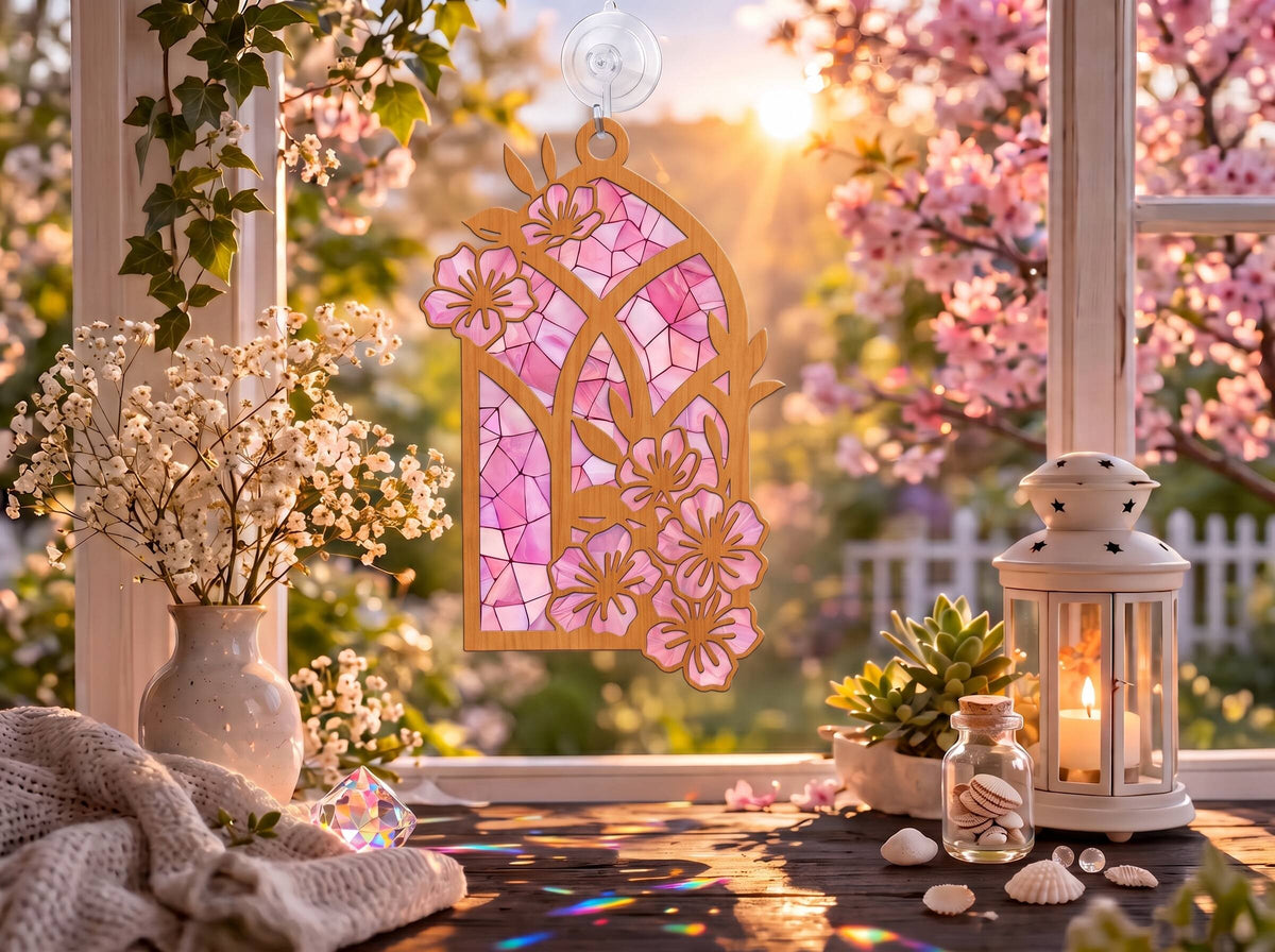 Sun catcher din acril tip vitraliu cu flori de cireș, atârnat la o fereastră însorită cu flori de primăvară și o lanternă decorativă, realizat de Agnostic Design.