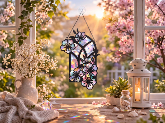 Sun catcher din acril tip vitraliu cu flori de cireș, atârnat la o fereastră însorită cu flori de primăvară și o lanternă decorativă, realizat de Agnostic Design.