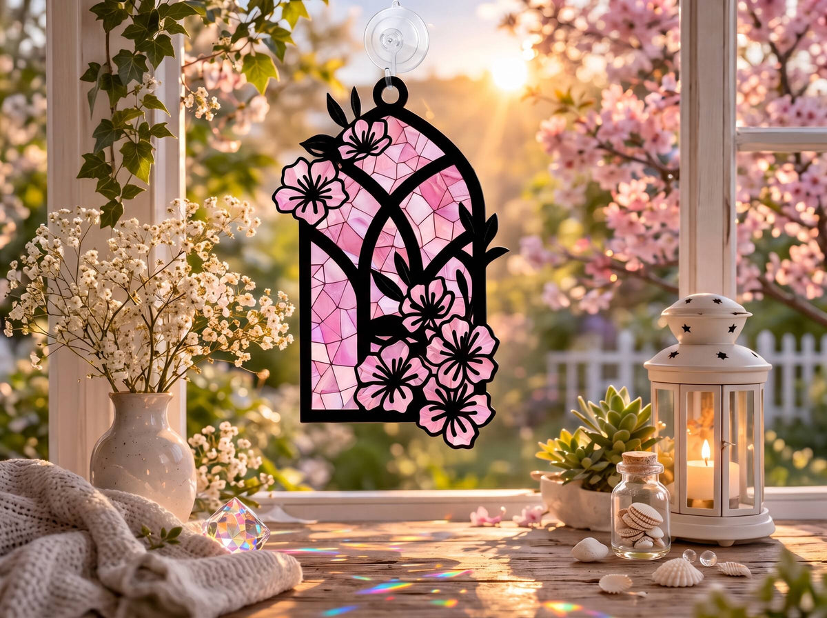 Sun catcher din acril tip vitraliu cu flori de cireș, atârnat la o fereastră însorită cu flori de primăvară și o lanternă decorativă, realizat de Agnostic Design.