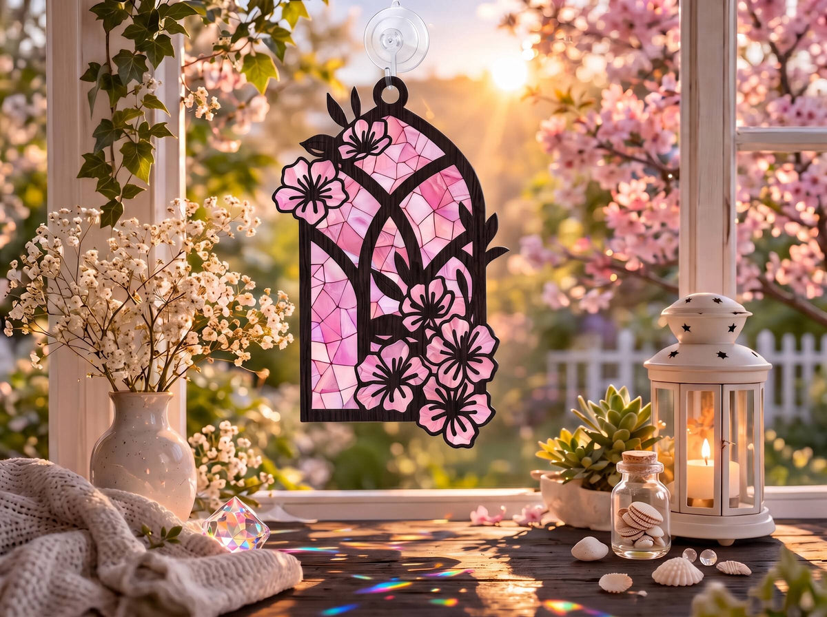 Sun catcher din acril tip vitraliu cu flori de cireș, atârnat la o fereastră însorită cu flori de primăvară și o lanternă decorativă, realizat de Agnostic Design.