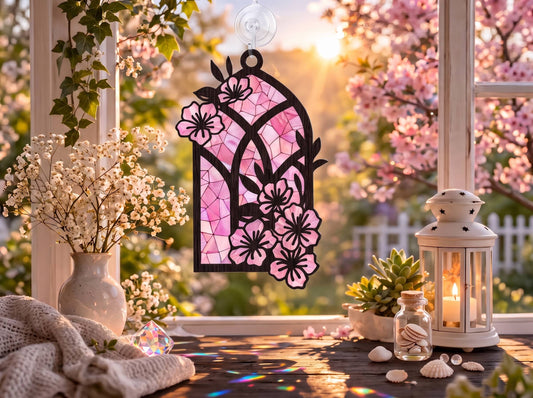 Sun catcher din acril tip vitraliu cu flori de cireș, atârnat la o fereastră însorită cu flori de primăvară și o lanternă decorativă, realizat de Agnostic Design.