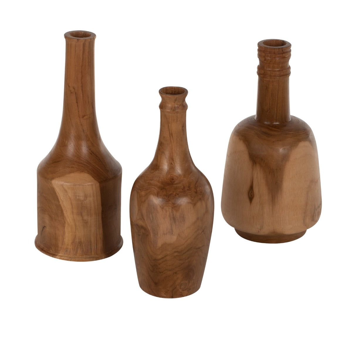 Set 3 sticle decorative BARTLEY BOTTLES din lemn masiv de tec, înălțimi 34, 27 și 20 cm