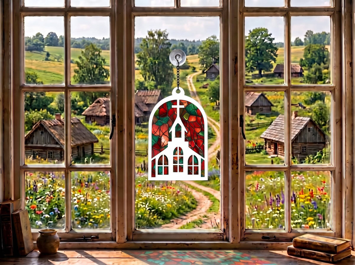 Sun Catcher artizanal cu siluetă de biserică și cruce, proiectând reflexii colorate de vitraliu pe pervazul ferestrei
