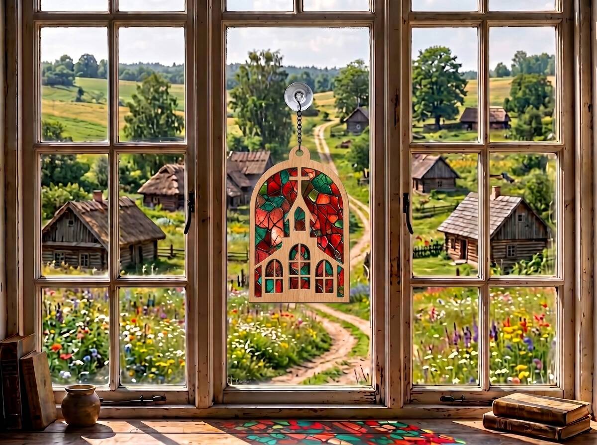 Sun Catcher artizanal cu siluetă de biserică și cruce, proiectând reflexii colorate de vitraliu pe pervazul ferestrei
