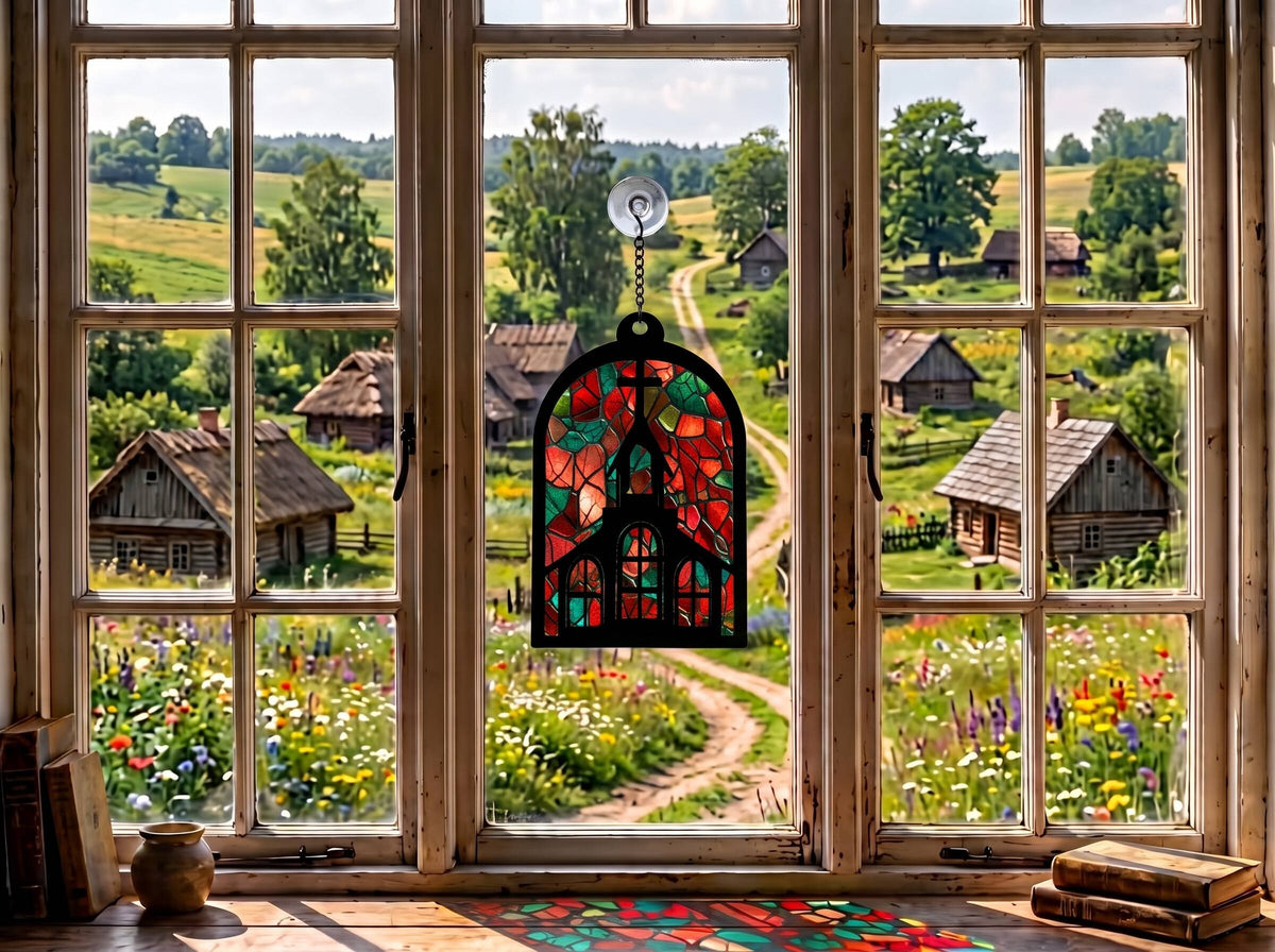 Sun Catcher artizanal cu siluetă de biserică și cruce, proiectând reflexii colorate de vitraliu pe pervazul ferestrei