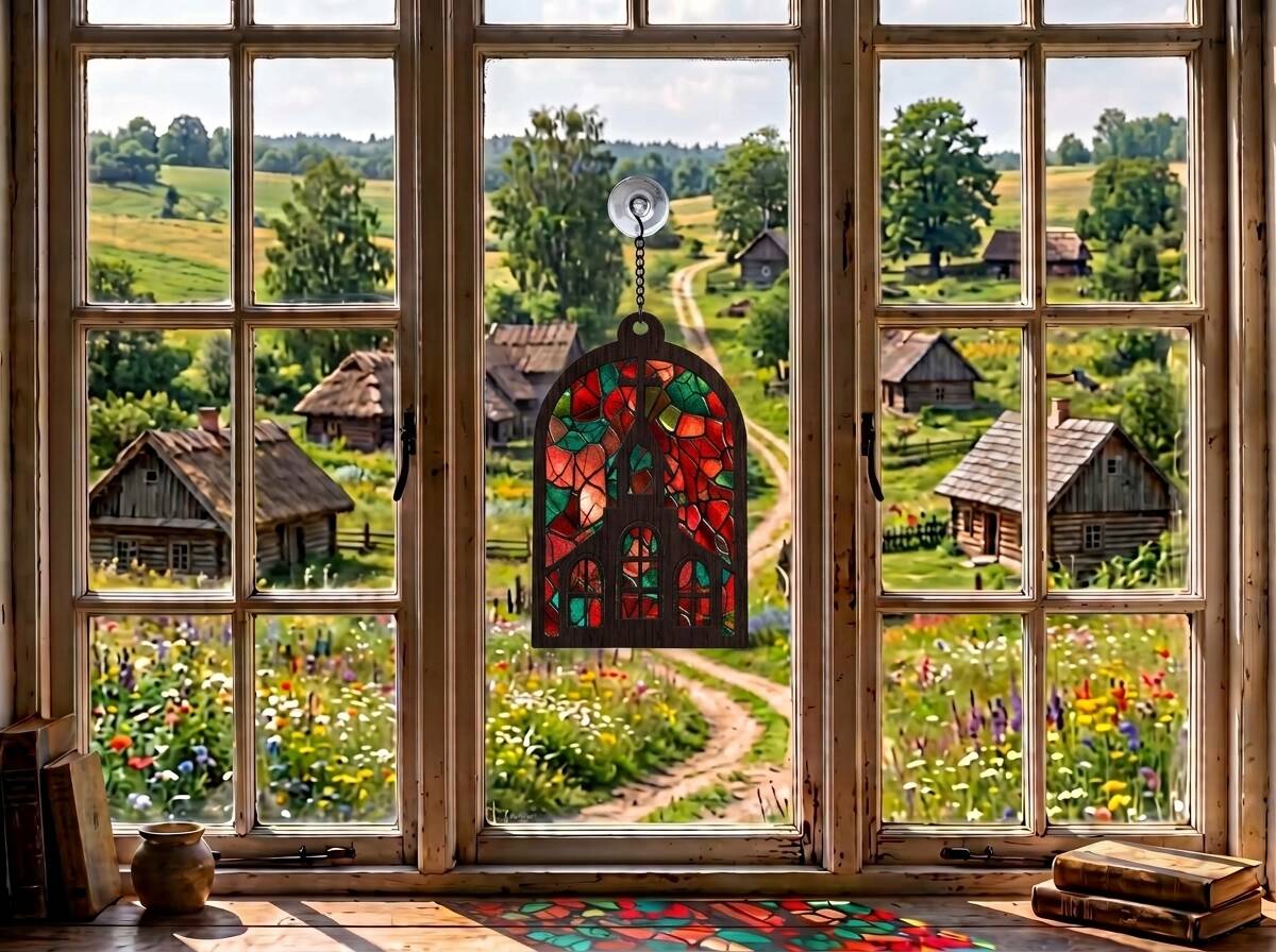 Sun Catcher artizanal cu siluetă de biserică și cruce, proiectând reflexii colorate de vitraliu pe pervazul ferestrei