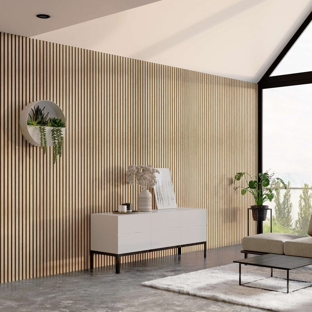 Panou riflaj CLASSIC OAK din MDF furniruit stejar, pâslă neagră, 60 x 240 cm