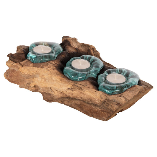 Suport pentru 3 lumânări EMORI NATURAL din lemn de tec și sticlă, 32 x 15 x 8 cm