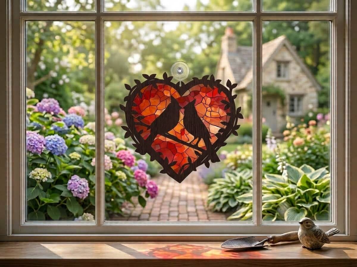 Decorațiune fereastră cu efect de vitraliu reflectând lumina soarelui în nuanțe calde de ambră, cu siluete de păsări îndrăgostite în ramă de inimă.