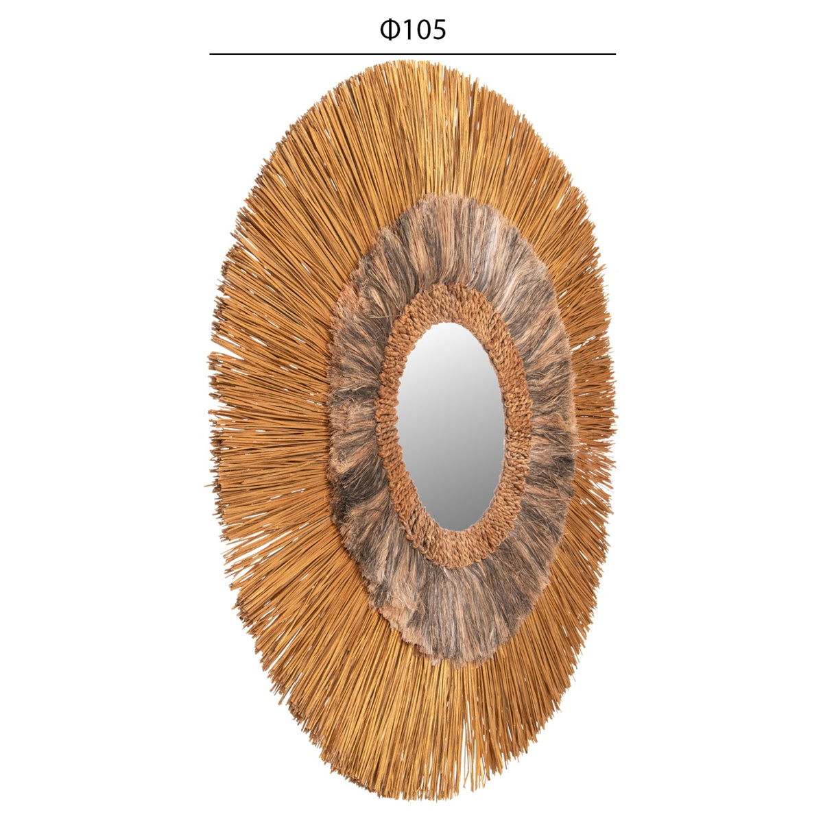 Oglindă VARMALO cu ramă din abaca neagră și iarbă Mendong aurie, diametru 105 cm